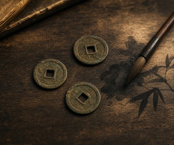 Three Chinese coins for I Ching divination — used in Liu Yao hexagram casting