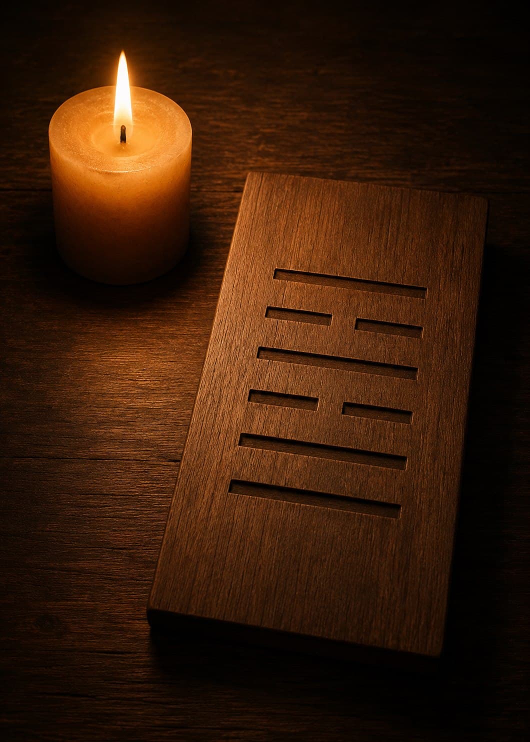 Wooden plank engraved with an I Ching hexagram beside a candle — Liu Yao casting tradition