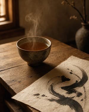 Steaming tea beside a calligraphy scroll — quiet space for I Ching reflection